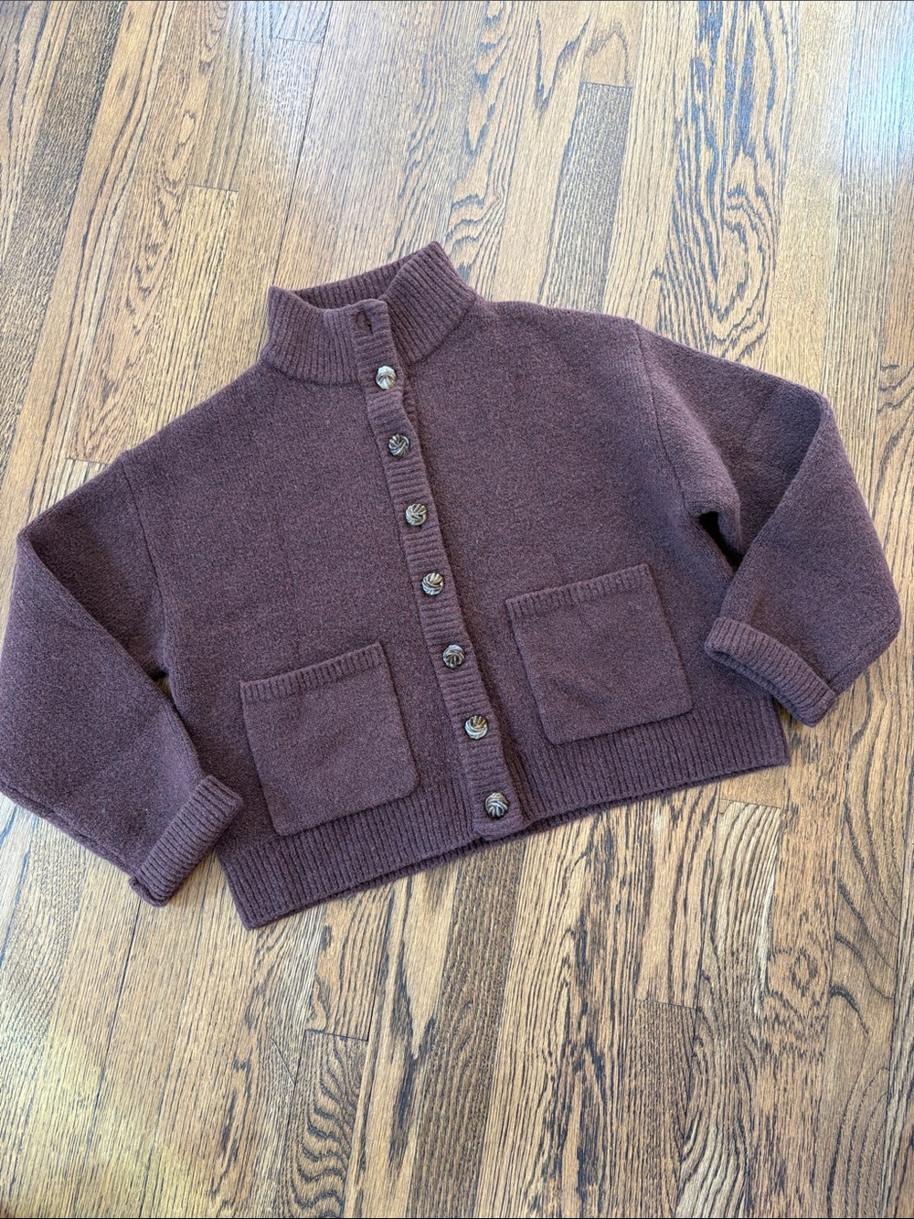 Zara Brown Button-Up Knit boxy cardigan sweater, s